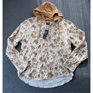 Original Use Floral Hoodie Button Shirt Mens L Beige Brown Grunge‎ Streetwear